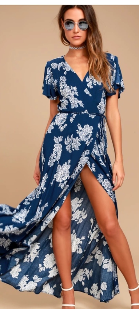 Blue floral wrap maxi dress.